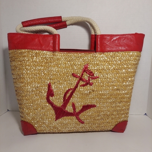 Straw Studios Handbags - Straw Studios Bags: Tote Red Anchor Appliqué Natural Straw Nautical Beach